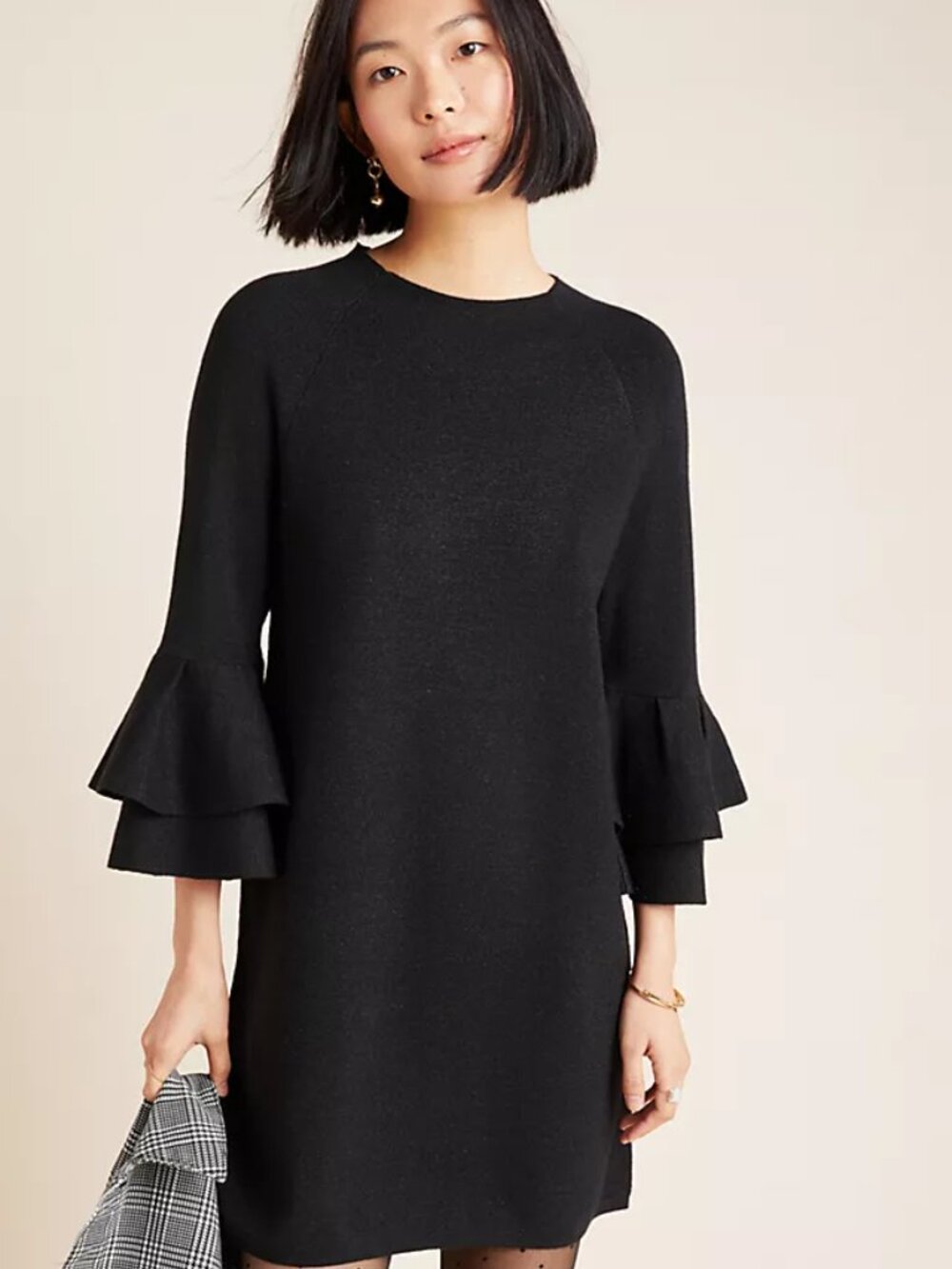 ANTHROPOLOGIE S Black Metallic Claudette Ruffled Bell Sleeve Sweater Dress